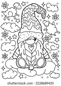 
Cute gnome with clouds. Coloring book for children. Gnome coloring book. Black and white vector illustration.