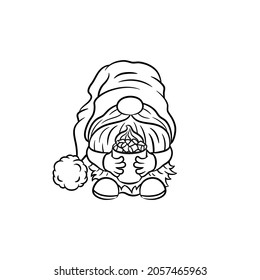 Cute gnome with coffee cup and marshmallows. Sweet cozy winter illustration. Black and white vector illustration outline sketch. Nordic Scandinavian gnome character doodle. Hot chocolate marshmallow.