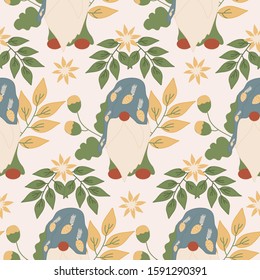 cute gnome and colorful flowers in a seamless pattern design, perfect to use on the web or in print