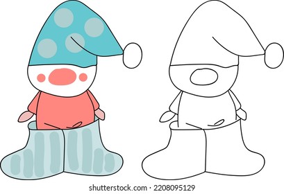 Cute Gnome Coloring Page. Hand-drawn doodles illustration. Line art. Icon