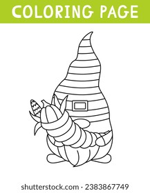 Cute gnome with cornucopia coloring page. Thanksgiving day. Printable worksheet with solution for school and preschool.