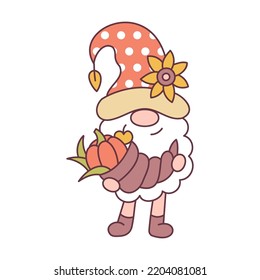 Cute gnome with cornucopia isolated on white background. Thanksgiving day concept. Cartoon style. Vector illustration.
