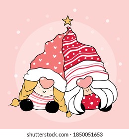 Cute Gnome couple lover, pink nose, sit together, flat vector cartoon outline, idea for greeting card, kid print