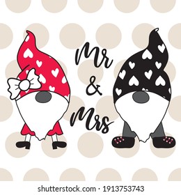 Cute gnome couple with Mr and Mrs text on polka dots background. Love card. Valentines day.