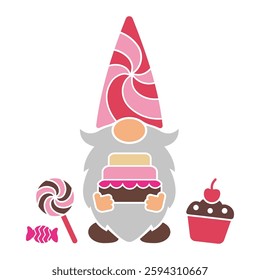 Cute gnome design with cake, candy, lollipop and muffin. Print for sweets lovers. Vector illustration for confectionery invitations, banners, posters, menu. Template for plotter cutting