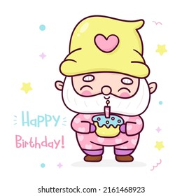 Cute Gnome elf cartoon and Birthday cake party kids. Series magic fairy fantasy character Fairytale character illustration. Perfect sweet shop logo, greeting card, baby shower girl, fabric design.