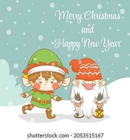 cute gnome and elf with christmas and new year greeting banner