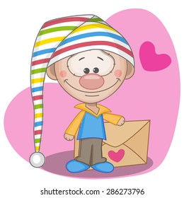 Cute gnome with envelope on a heart background
