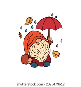 Cute gnome fall season. Funny gnome with umbrella. Rainy season. Autumn greetings. Thanksgiving theme. Scandinavian gnome character. Cheerful dwarf cute doodle for print design. Vector illustration.