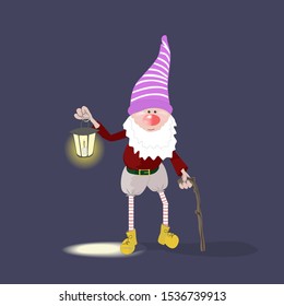 Cute gnome with a flashlight on a dark background. Vector illustration.