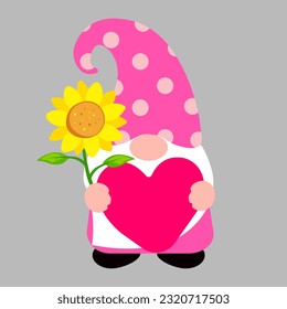 Cute gnome with flower and heart. Vector art illustration.