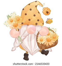 Cute Gnome And Flowers Illustration