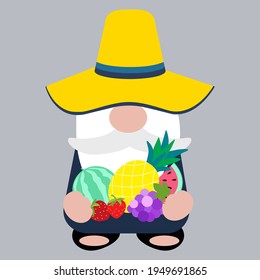 Cute gnome with fruits, vector illustration