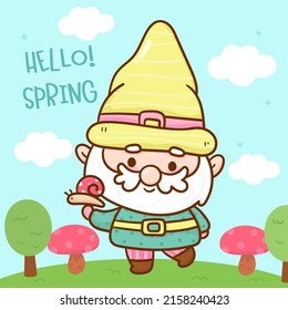 Cute Gnome Garden elf cartoon snail and mushroom Gardener Spring season. Series magic fairy fantasy character (Kawaii vector) Fairytale character illustration. Perfect Nursery children,kids, greeting.