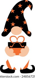 Cute gnome with gift. Halloween gnome vector illustration.