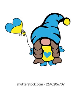 Cute gnome girl with balloon in blue-yellow colors of Ukrainian flag. Hand drawn vector illustration