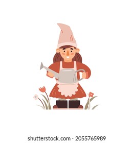 Cute gnome girl carrying water can, flat vector illustration isolated on white background. Garden gnome girl funny comic cartoon character growing flowers.