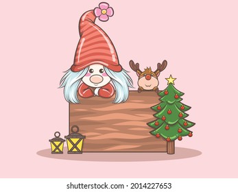 cute gnome girl with deer merry Christmas illustration