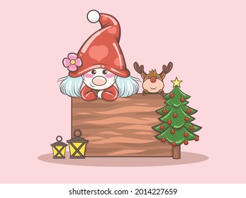 cute gnome girl with deer merry Christmas illustration