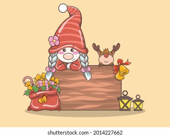 cute gnome girl with deer merry Christmas illustration