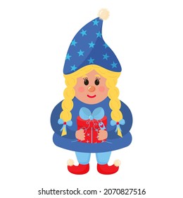 Cute gnome girl is holding gift with bow. New Year character.
