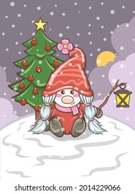 cute gnome girl holding a lantern Christmas illustration