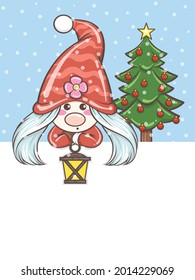 cute gnome girl holding a lantern Christmas illustration