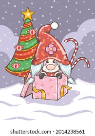 cute gnome girl illustration with Christmas gift box