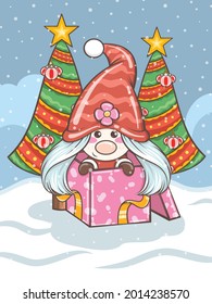 cute gnome girl illustration with Christmas gift box