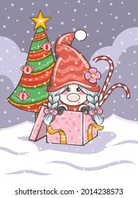 cute gnome girl illustration with Christmas gift box