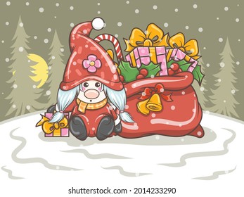 cute gnome girl illustration holding christmas bell