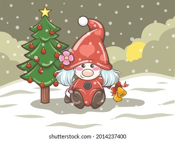cute gnome girl illustration holding Christmas bell