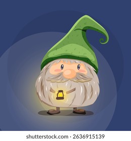 Cute gnome with green hat and lantern