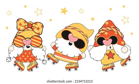 cute Gnome greeting card, cute cartoon retro groovy nordic faceless head drawing in vingate outfit with old style roller skate