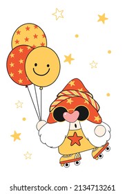 cute Gnome greeting card, cute cartoon retro groovy nordic faceless head drawing in vingate outfit with old style roller skate and ballons