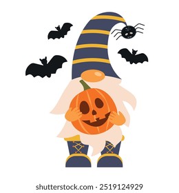 Cute gnome in Halloween costume holding a pumpkin. Vector illustration for t-shirt design, holiday greeting card. For flyers, invitations, posters. Happy Halloween Vector illustration.