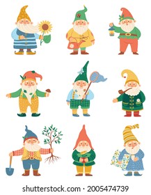 Cute gnome. Happy garden gnomes with watering can, shovel, flower. Fairytale dwarfs in hats. Flat cartoon fantasy elf dwarf character vector set with lantern and plants isolated on white