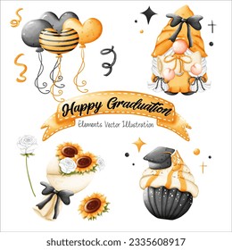 Cute Gnome Feliz Graduación Cap cupcake, girasol Ropa blanca ramo de rosa globos de seña de corazón Cinta de elementos amarillos negros Archivo vector de color de agua , Estilo de dibujos animados Clipart Para banner, afiche, tarjeta,camiseta