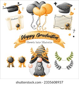 Cute Gnome Feliz Diploma de Graduación, medalla, Laurel corona Olive Balloons León del corazón Cinta de elementos amarillo negro Archivo vector de color de agua , Estilo de dibujos animados Clipart Para pancarta, afiche, tarjeta, camiseta