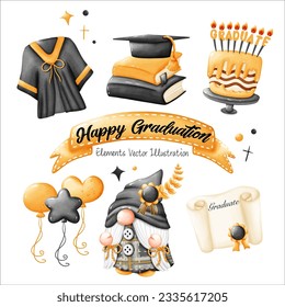 Cute Gnome Feliz Graduación, diploma de Libros de Gorra, Pastel, medalla, Laurel corona Oleos Globos de Oleón León de Corazón Cinta de elementos Amarillos Negros Archivo Vector de color , Estilo de dibujos animados Clipart Para banner,afiche