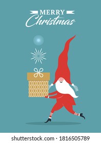 Cute Gnome in hat carries a gift . Christmas card. Happy New Year and Merry Christmas card. Seasons Greetings.