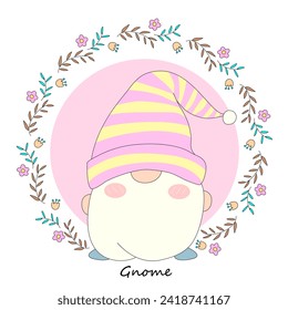 Cute gnome in a hat with flowers. Vector illustration.
