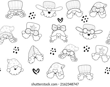 cute gnome head faceless cartoon black outline seamless pattern background