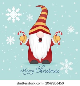 Cute gnome holding candy cane Christmas illustration