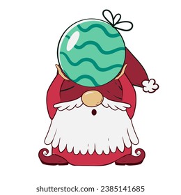 A cute gnome holding a Christmas ball stands like a letter I for the New Year. Vector illustration of cartoon doodle character of dwarf.