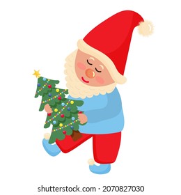 Cute gnome is holding Christmas tree. New year symbol.