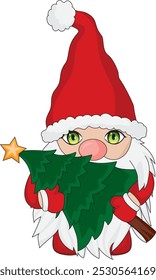 Cute gnome holding christmas tree vector