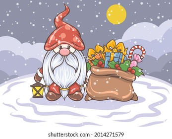 cute gnome holding a lantern Christmas illustration
