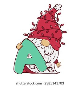 Cute gnome mit einem Brief a für Weihnachten und Neujahr. Vektorgrafik des Karikaturdoodle-Charakters des Zwerges.