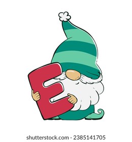 Cute gnome mit einem Brief E zu Weihnachten und Neujahr. Vektorgrafik des Karikaturdoodle-Charakters des Zwerges.